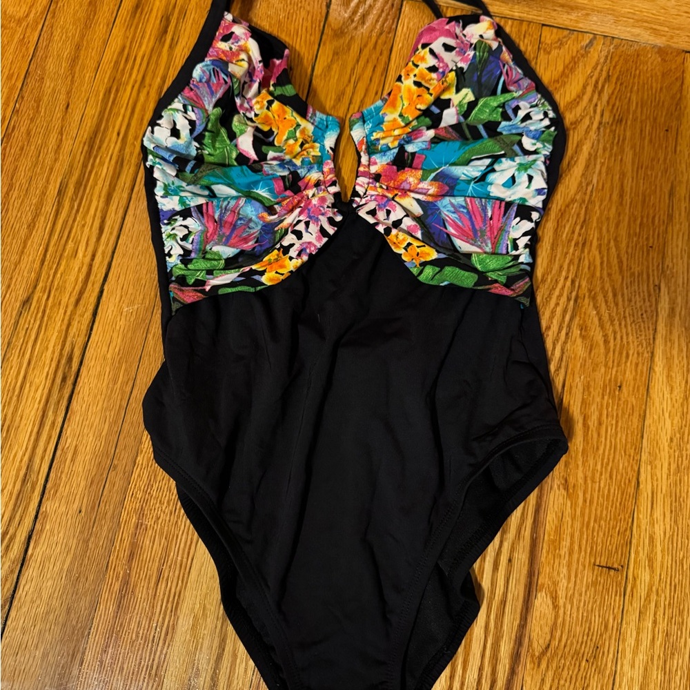 Black One-Piece Swimsuit with Tropical Floral Bust